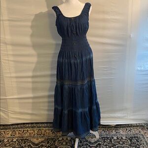 Lapis Anthropologie Denim Tiered sleeveless Prairie  Dress Size medium western